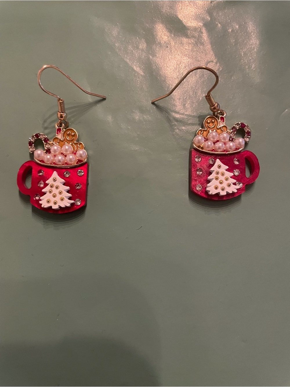 Festive Pink Hot Cocoa Cup Drop Earrings - Holiday Tree & Gingerbread